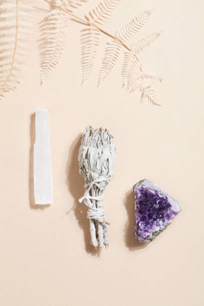 istock dried sage, selenite and druse amethyst, magic rock for ritual, witchcraft, spiritual practice, meditation. esoteric life balance concept. 1343309561