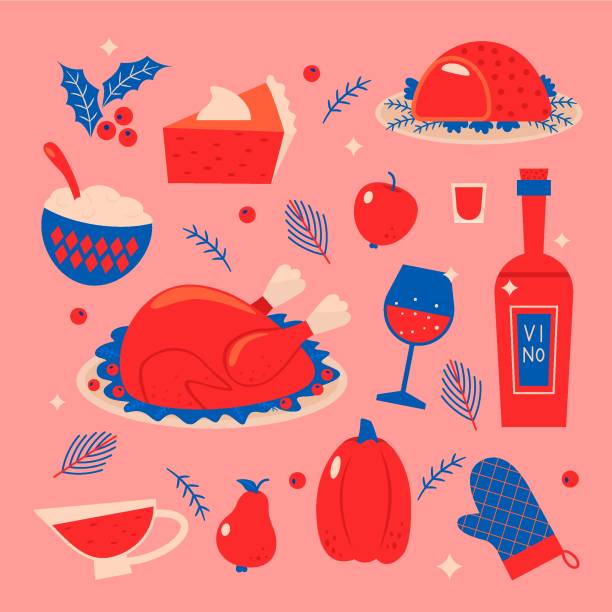 ÐÐ¾Ð±Ð¸Ð»ÑÐ½Ð¾Ðµ ÑÑÑÑÐ¾Ð¹ÑÑÐ²Ð¾ table symbols. Turkey, cranberry sauce, pumpkin, baked meat, mashed potatoes, pumpkin pie, holly. vector illustration isolated cranberry sauce stock illustrations