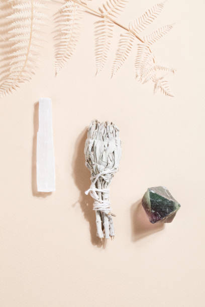 istock dried sage, selenite and fluorite on beige background, magic rock for ritual, witchcraft, spiritual practice, meditation.esoteric life balance concept 1343309603