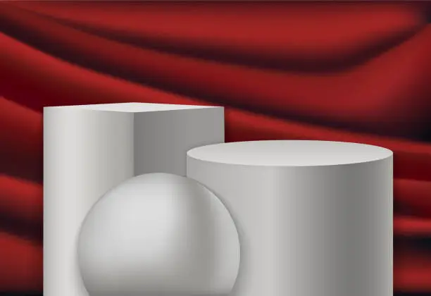 Vector illustration of Set of modern white cube and cylinder step pedestal podium on red background