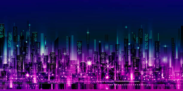 istock Cityscape on a dark background with bright and glowing neon purple and blue lights. 1343313145