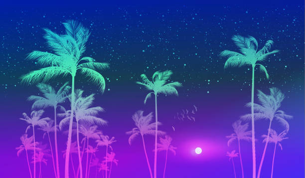 istock Exotic tropical palm trees  at sunset or moonlight, with cloudy sky.  Highly detailed  and editable 1343313146