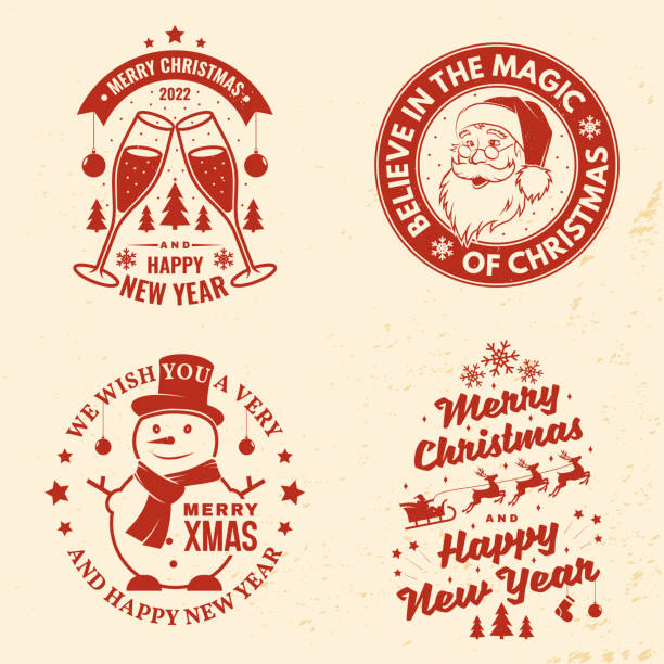 Set of Merry Christmas and Happy New Year stamp, sticker with glasses of champagne, silhouette of Santa Claus face, snowman, sleigh with deer. Vector. Vintage design for xmas, new year emblem. vector art illustration
