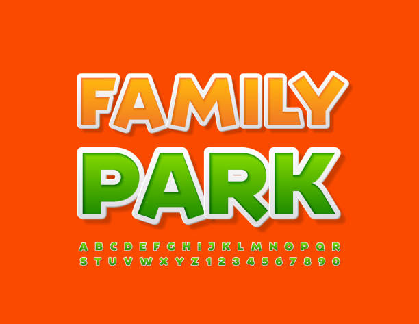 Vector cute banner Family Park. Playful Alphabet Letters and Numbers set Creative bright Font family fun stock illustrations