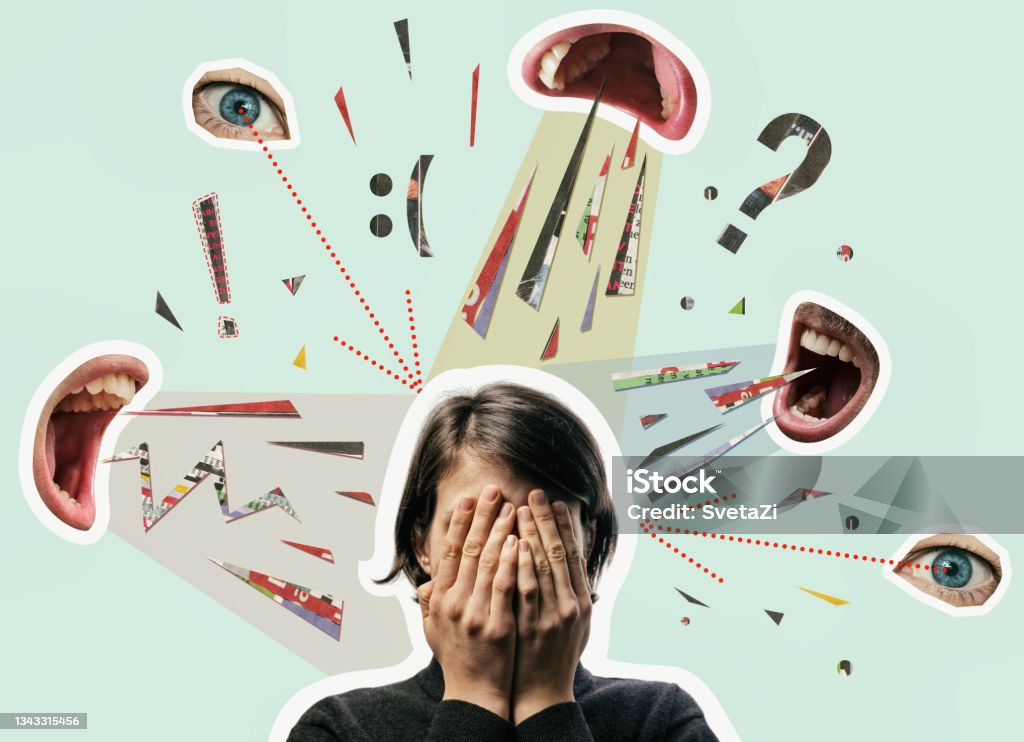 Bullying, abuse, harassment. Concept. Collage with a woman covering her face and screaming mouths. Bullying, abuse, harassment. Concept. Bullying Stock Photo