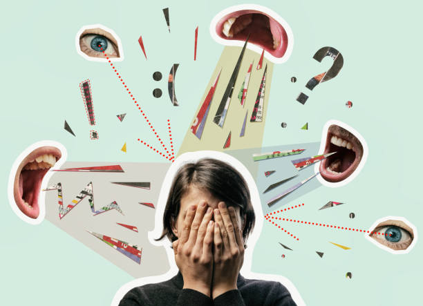 Bullying, abuse, harassment. Concept. Collage with a woman covering her face and screaming mouths. Bullying, abuse, harassment. Concept. shouting stock pictures, royalty-free photos & images