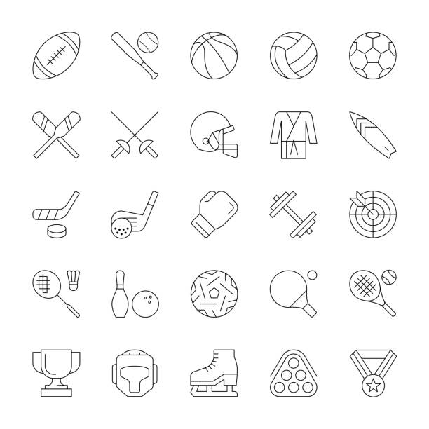 ilustrações de stock, clip art, desenhos animados e ícones de sport equipment line icons - sepaktakraw