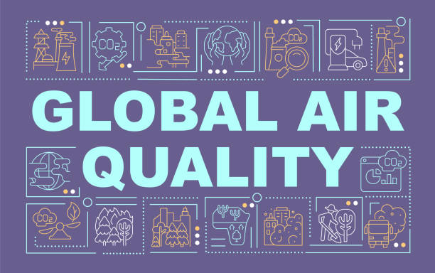 Global air quality word concepts banner Global air quality word concepts banner. Evaluate potential impact. Infographics with linear icons on purple background. Isolated creative typography. Vector outline color illustration with text air quality stock illustrations