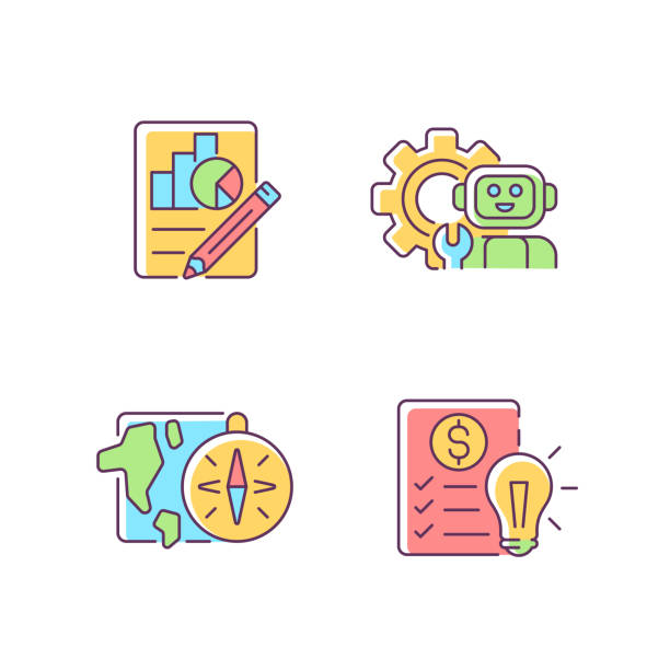 Diversity of school subjects RGB color icons set Diversity of school subjects RGB color icons set. Economics report. IT classes. Geography lessons. Financial literacy education. Isolated vector illustrations. Simple filled line drawings collection financial literacy logo stock illustrations