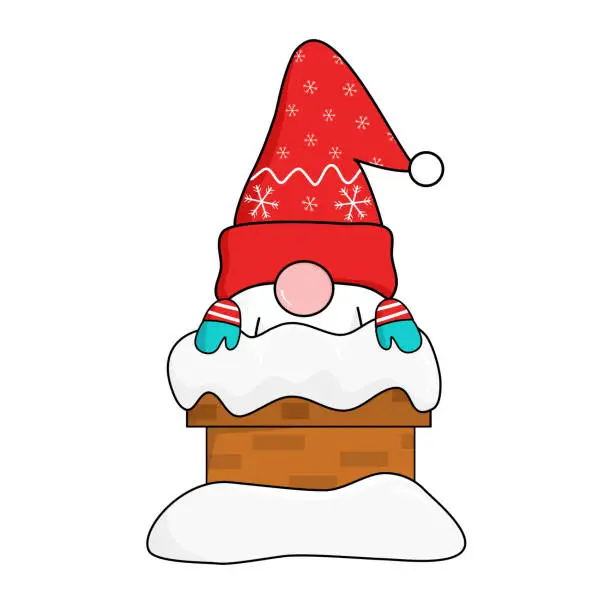 Vector illustration of cute gnomes in red snowflakes Santa clause hat show up from snow-covered chimney to greeting and celebrate Christmas and New year. vector