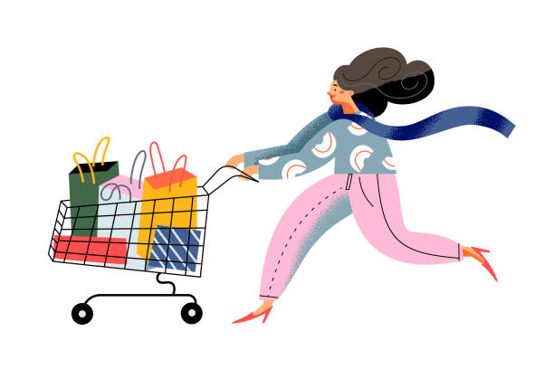 ilustraciones, imágenes clip art, dibujos animados e iconos de stock de chica corriendo con carrito de compras para comprar en supermercado, tienda o boutique el viernes negro - women gift style fashion