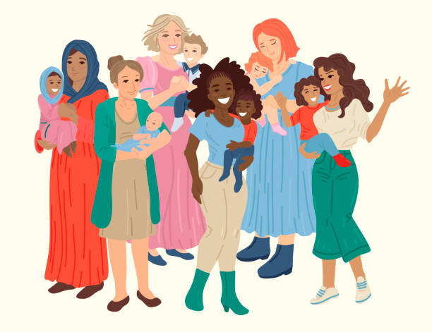 Multinational group of happy mothers hold babies in arms. Vector illustration Multinational group of happy mothers hold kids in arms. Carrying babies. Diverse multi ethnic women stand together with their toddlers. Different moms characters. Vector cartoon illustration muslim cartoon stock illustrations