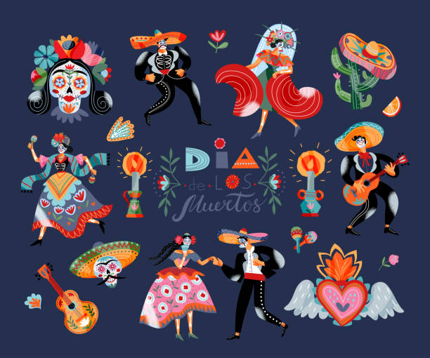 zestaw tradycyjnych meksykańskich świąt dzień zmarłych dekoracja wektorowa płaska ilustracja - catrina stock illustrations