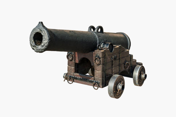 istock Antique cannon on metal wheels isolated on white background. 1343327991