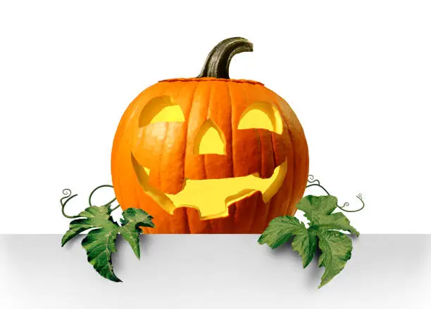 Happy Halloween pumpkin promotion as a cute jack o lantern holding a blank sign as an autumn season symbol for trick or treat events with 3D illustration elements.