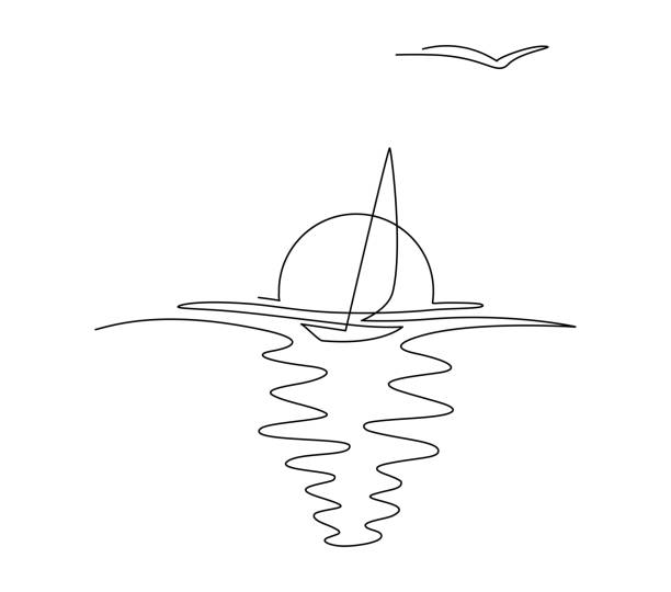 sonnenuntergang über dem meer. segelboot vor der kulisse der sonne. zeichnen sie eine durchgehende linie. vektorillustration. isoliert auf weißem hintergrund - sailboat sunset nautical vessel sun stock-grafiken, -clipart, -cartoons und -symbole