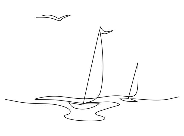Two sailboats on sea waves. Seagull in the sky. Draw one continuous line. Vector illustration. Isolated on white background Two sailboats on sea waves. Seagull in the sky. Draw one continuous line. Vector illustration. Isolated on white background wave water clipart stock illustrations