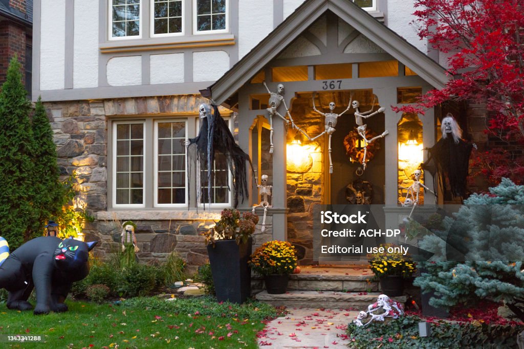 Evening view of a beautiful Halloween decorated house in Toronto, Canada. Toronto, ON, Canada - October 25, 2020: Evening view of a beautiful Halloween-decorated house in Toronto, Canada. Halloween Stock Photo