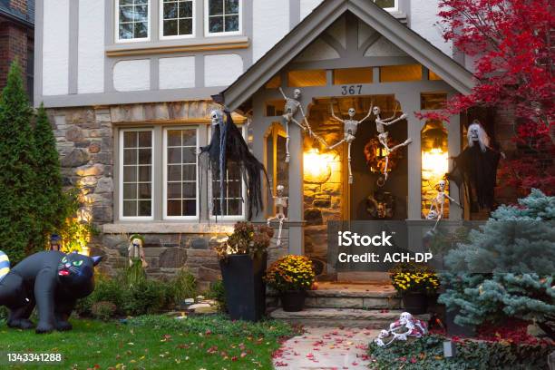 Evening View Of A Beautiful Halloween Decorated House In Toronto Canada Stock Photo - Download Image Now