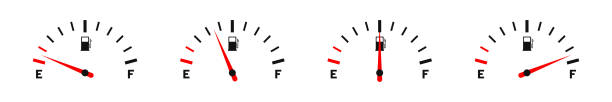 ilustrações de stock, clip art, desenhos animados e ícones de fuel gauge. set of fuel gauge indicators. scale with arrow, empty and high level of fuel. gas tank gauge icon - gas gauge full empty