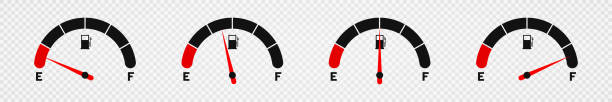 wskaźnik paliwa. zestaw wskaźników wskaźnika paliwa. skala ze strzałką, pusty i wysoki poziom paliwa. ikona wskaźnika zbiornika gazu - gas gauge full empty stock illustrations