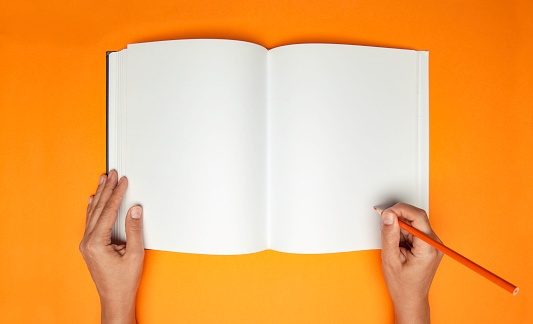 Woman hands writing on an empty notebook on orange background. Planning concept.