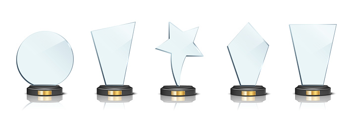 Award trophy set. Star and rectangle shaped glass prize statues on white background. Champion glory in competition vector illustration. Hollywood fame in film or championship in sport