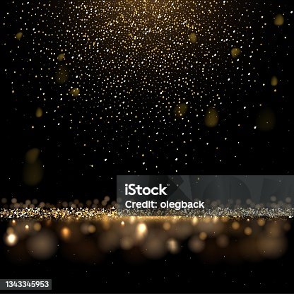 istock Gold glitter confetti falling, abstract golden sparkle rain, shiny magic dust on floor 1343345953