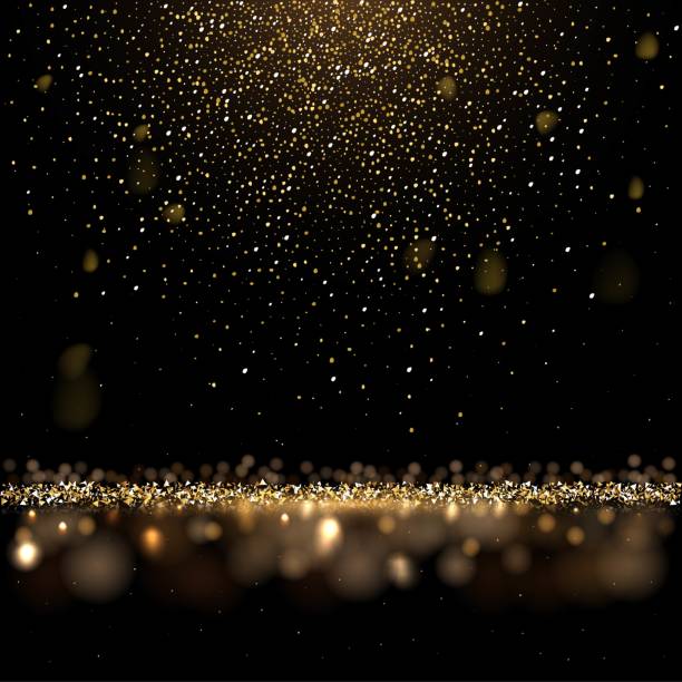 Gold glitter confetti falling, abstract golden sparkle rain, shiny magic dust on floor Gold glitter confetti falling vector illustration. Abstract golden circle sparkle rain, shiny magic glittering dust on floor, festive luxury shimmer sequins shine and glow in square card background black color stock illustrations