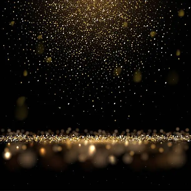 Vector illustration of Gold glitter confetti falling, abstract golden sparkle rain, shiny magic dust on floor