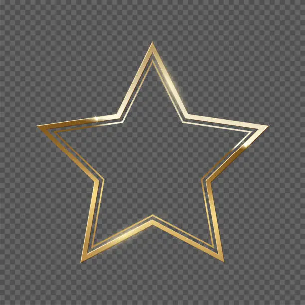 Vector illustration of Double golden frame with star shape vector illustration. Realistic 3d elegant golden award lines with glitter, classic geometric presentation, painting frame isolated on transparent background.