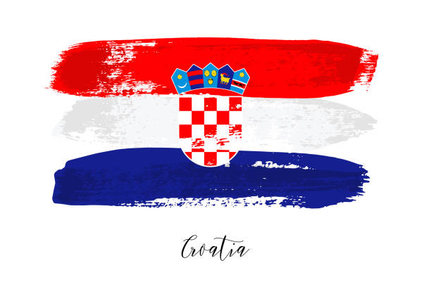 ilustraciones, imágenes clip art, dibujos animados e iconos de stock de bandera nacional de croacia en pincelada, ilustración vectorial estilo grunge. celebración del día de la independencia, símbolo patriótico del país, texto de croacia, pincelada abstracta aislada sobre blanco. - croatian flag