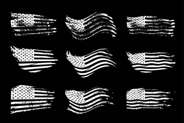 Black and white American flag in grunge style set. Vintage rough textured design vector illustration. Monochrome stripes and stars sketches of USA. Creative national symbol icons Black and white American flag in grunge style set. Vintage rough textured design vector illustration. Monochrome stripes and stars sketches of USA. Creative national symbol icons. vintage american flag stock illustrations