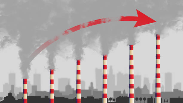 Air pollution from smoke coming out of factory chimneys. A growing graph with an arrow. stock photo