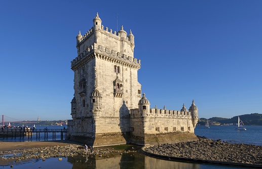 Lisbon, Portugal, March 16, 2019: View of the Belem Tower which is officially named the Tower of Saint Vincent. It is a 16th-century fortification that served both as a fortress and as a ceremonial gateway to Lisbon. Since 1983, the tower has been a UNESCO World Heritage Site.