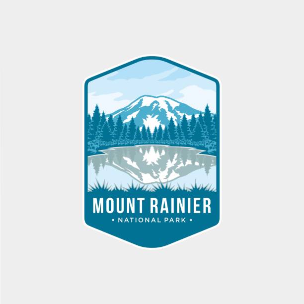 ilustraciones, imágenes clip art, dibujos animados e iconos de stock de ilustración del icono del emblema del parque nacional mount rainier - monte rainier