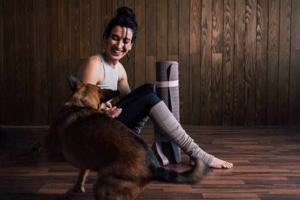 Young Woman Sitting on the Wooden Floor with her Dog Smiling woman in sportswear playing with her pet after home workout training exercise room photos stock pictures, royalty-free photos & images