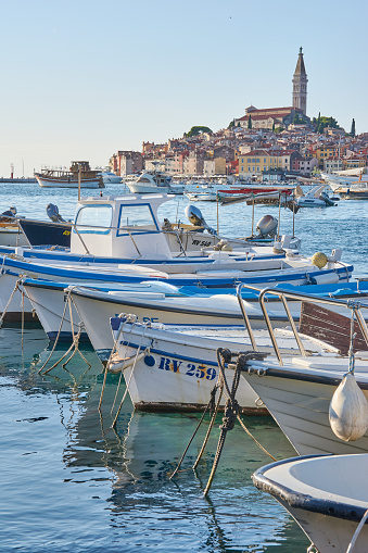 View on the city Rovinij with small fishing boats in the foreground.
