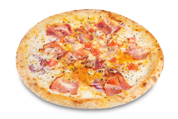 istock Fresh baked pizza carbonara on a white isolated background 1343368293