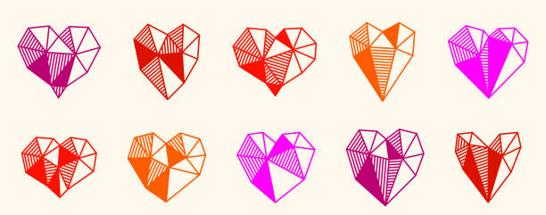 illustrazioni stock, clip art, cartoni animati e icone di tendenza di low poly geometric hearts vector icons or logos set, graphic design 3d love theme elements, polygonal dimensional hearts. - illustration and painting valentines day individuality happiness