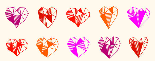 низкополигональные геометрические сердечки векторные иконки или логотипы набор, графический дизайн 3d любовной темы элементы, полигональн - illustration and painting valentines day individuality happiness stock illustrations