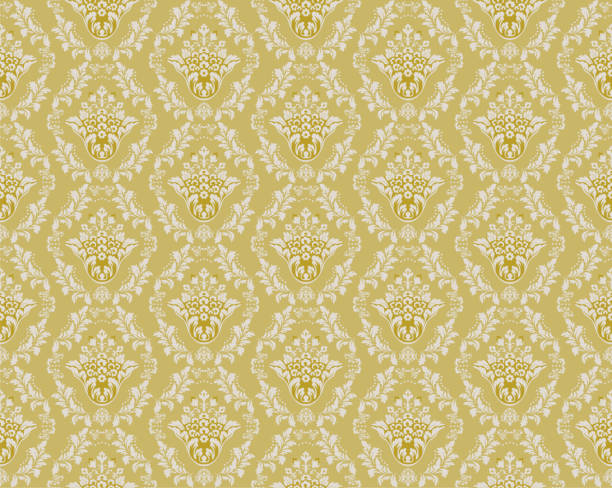 żółty wiktoriański damask luksusowy dekoracyjny wzór tekstylny - floral pattern pattern silk wallpaper stock illustrations