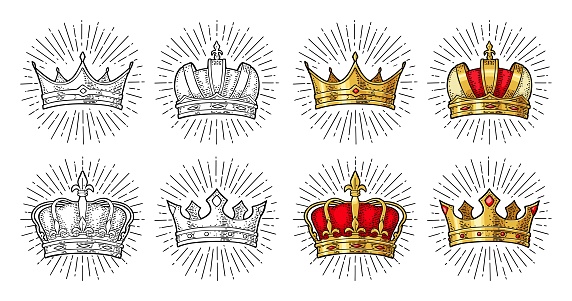 Four different king crowns with ray. Engraving vintage vector color illustration. Isolated on white background. Hand drawn design element for label, tattoo and poster
