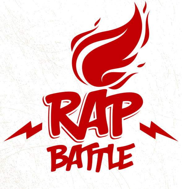 wektorowe logo lub emblemat rap battle z płomieniami płonącego ognia i błyskawicami, gorąca rymowanka hip hop muzyka, festiwal koncertowy lub wytwórnia klubu nocnego, nadruk na koszulce. - log fire audio stock illustrations