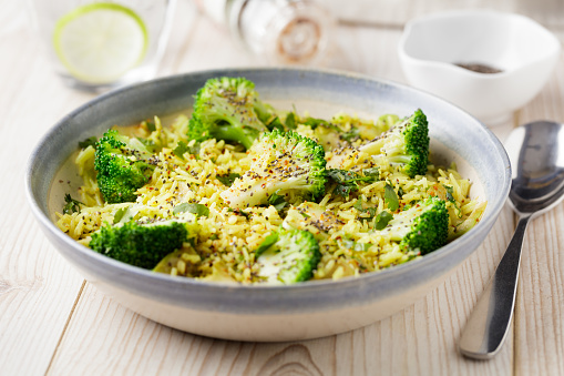 Homemade freshness broccoli with spicy basmati rice and chia seeds and chilli flakes