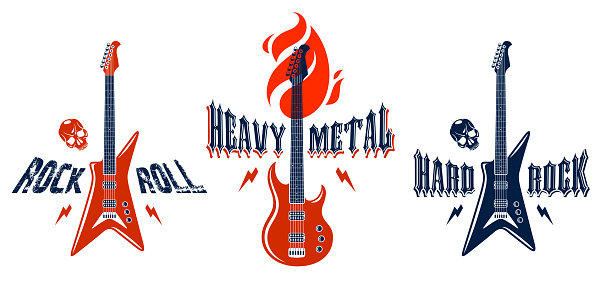Hard Rock emblems with electric guitar vector logos set, concert festival or night club labels, music theme illustrations, guitar shop or t-shirt print, rock band sign with stylish typography.