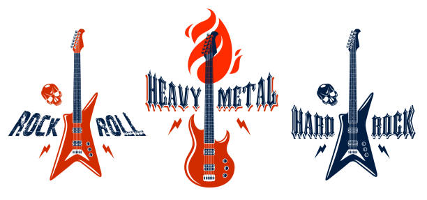 Hard Rock emblems with electric guitar vector logos set, concert festival or night club labels, music theme illustrations, guitar shop or t-shirt print, rock band sign with stylish typography. Hard Rock emblems with electric guitar vector logos set, concert festival or night club labels, music theme illustrations, guitar shop or t-shirt print, rock band sign with stylish typography. heavy rock stock illustrations