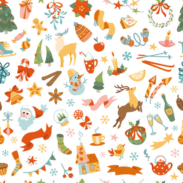 Colorful christmas seamless pattern Set of colored winter icons arranged as a seamless pattern. Colorful vector illustration in flat cartoon style. snowflake shape clipart stock illustrations