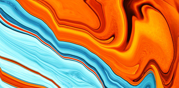 Abstract orange fluid texture background with blue water waves. Alcohol ink color gradient. Trendy Art flyer. Luxury poster. Swirling paint effect. Golden autumn design backdrop. Earthy tones. Energy.