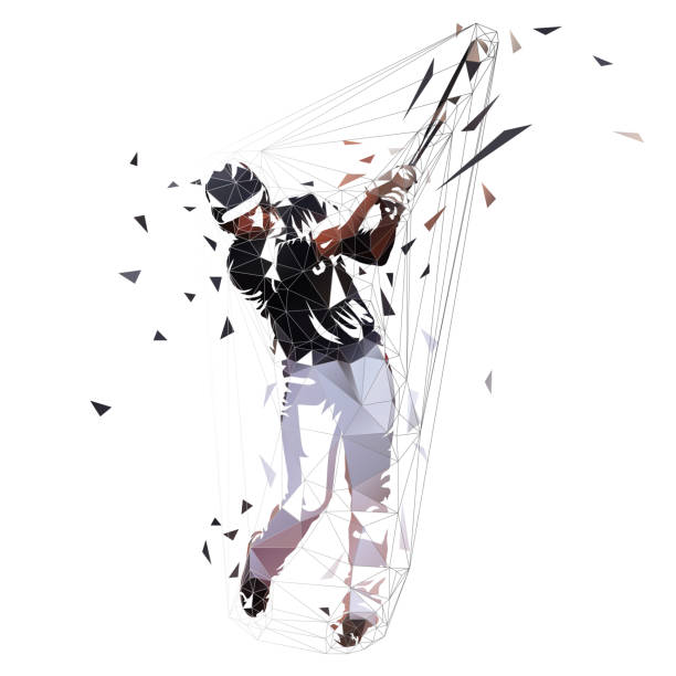baseballista w czarnej koszulce kołyszący się z kijem, izolowana niska wielokątna ilustracja wektorowa. widok z przodu - playing baseball white background action stock illustrations